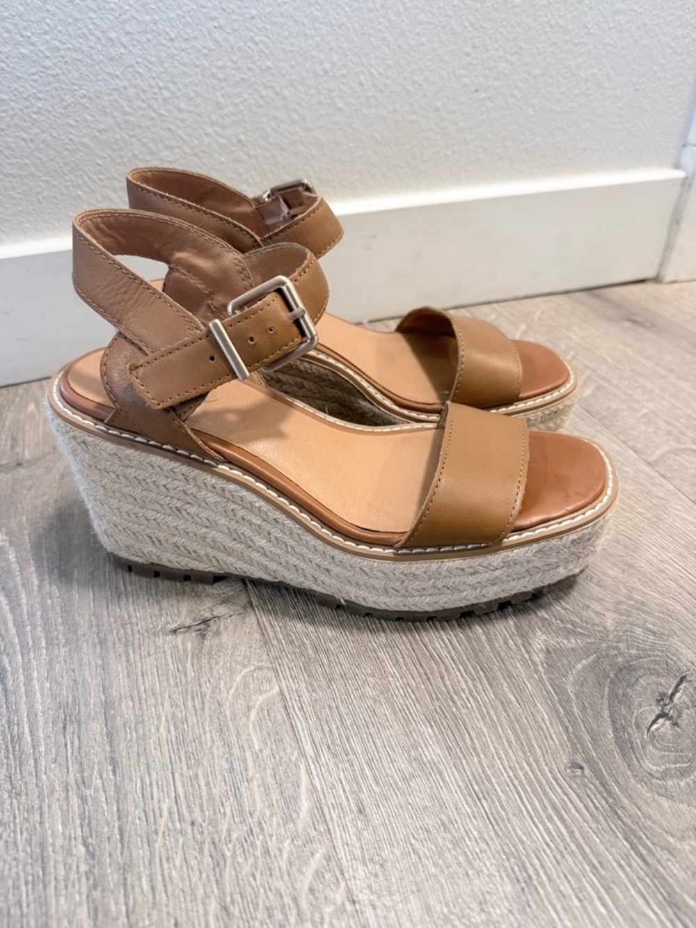 Women’s Tan Espadrille Leather Wedge Sandals with Ankle Buckle